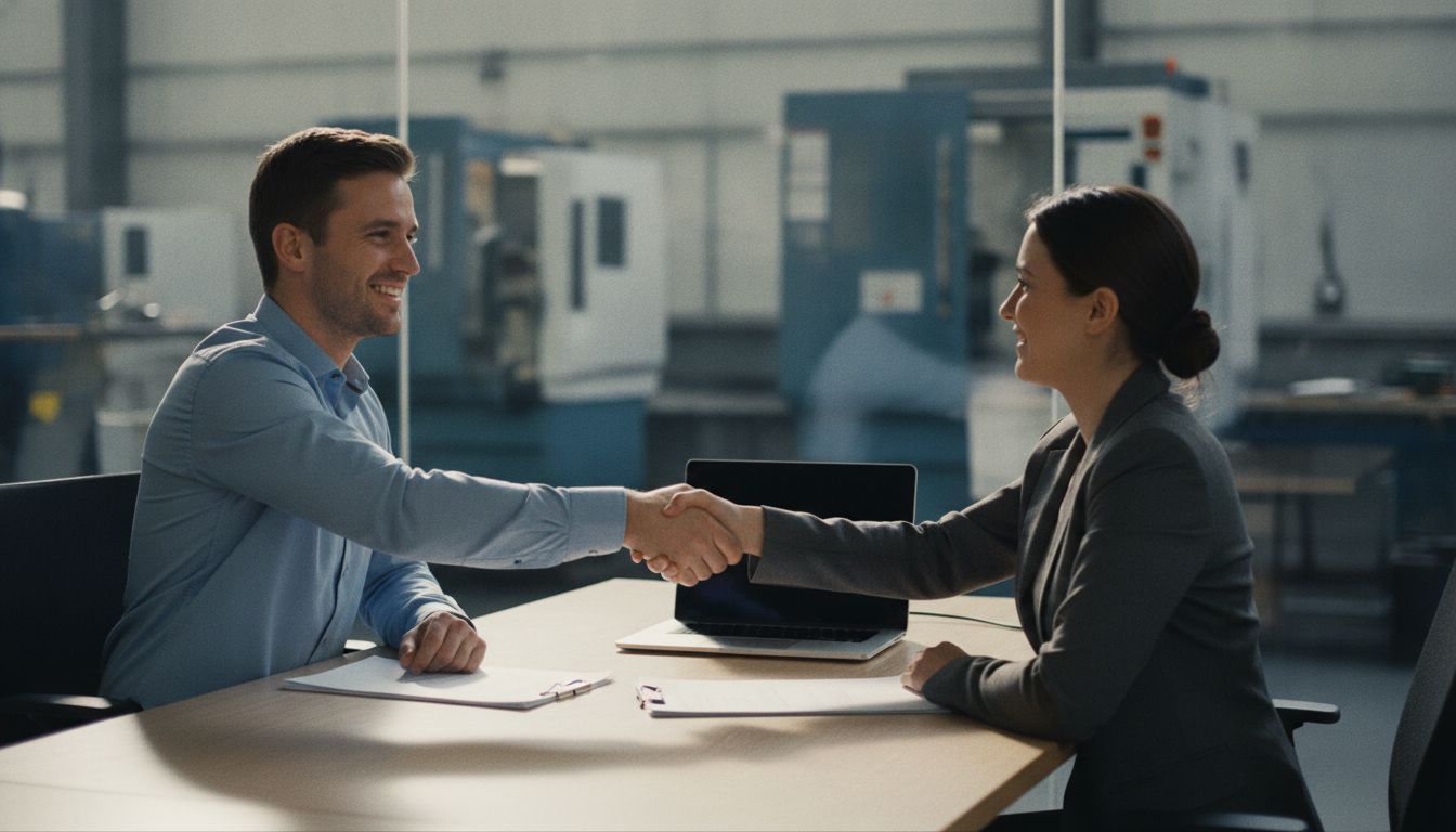Commercial et cliente concluant une affaire, devis sur la table